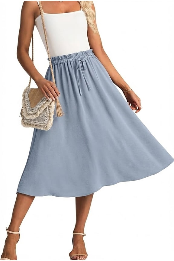 Women's Skirts Flowy Maxi Skirt Summer Long Midi Length Casual Skirt Elegant Cool Dress with Pockets Haze blue L