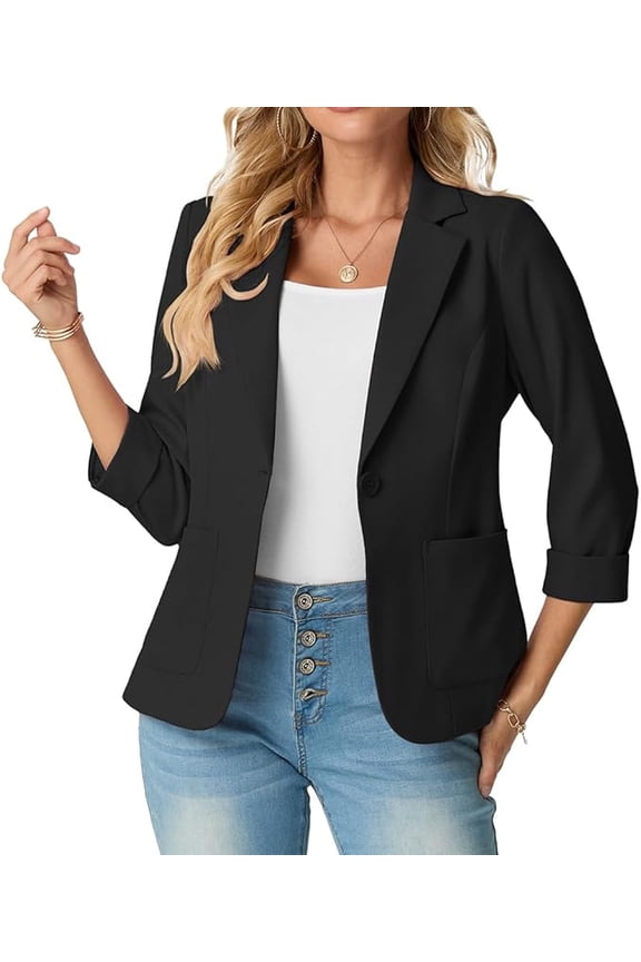 Women's Slim Fit 3/4 Sleeve Notched Lapel Blazer - One Button Business Office Jacket with Pockets Black 12