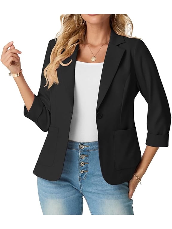 Women's Slim Fit 3/4 Sleeve Notched Lapel Blazer - One Button Business Office Jacket with Pockets Black 12