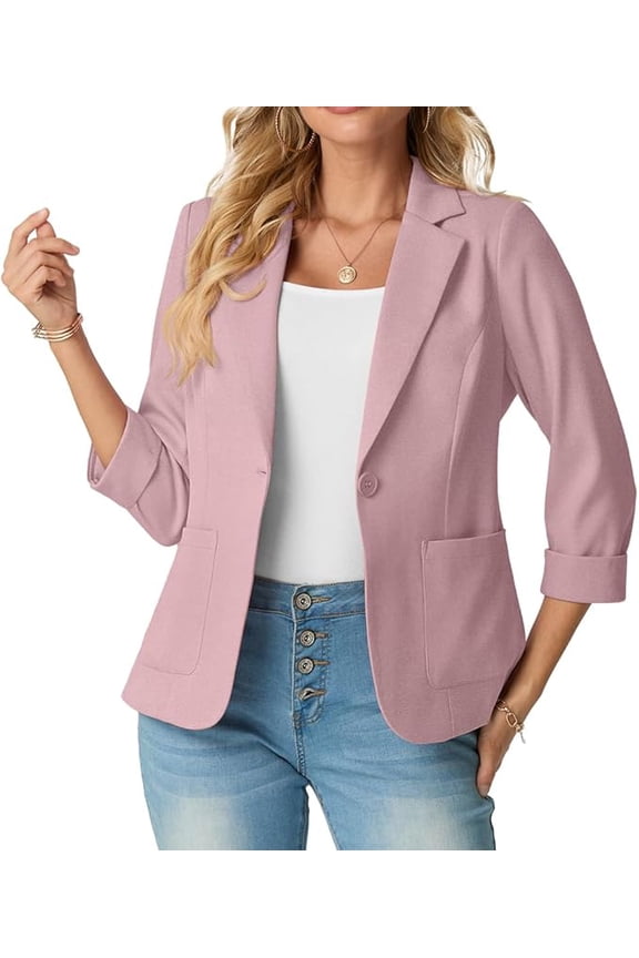 Women's Slim Fit 3/4 Sleeve Notched Lapel Blazer - One Button Business Office Jacket with Pockets Pink 12