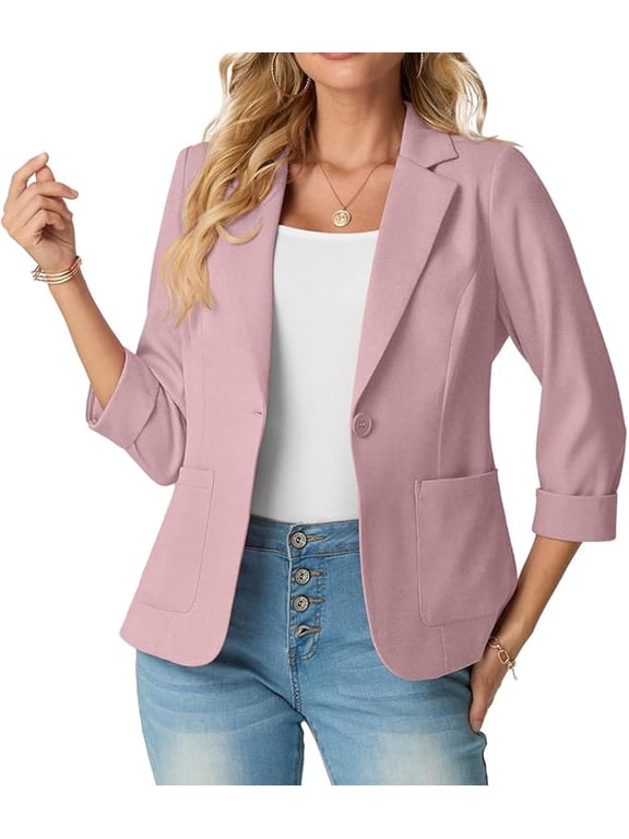 Women's Slim Fit 3/4 Sleeve Notched Lapel Blazer - One Button Business Office Jacket with Pockets Pink 12