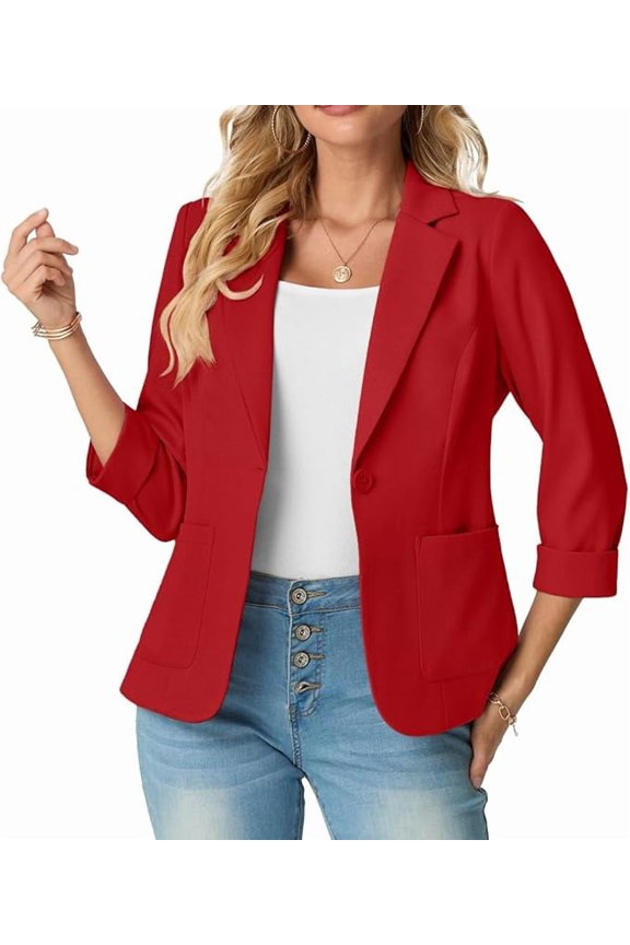 Women's Slim Fit 3/4 Sleeve Notched Lapel Blazer - One Button Business Office Jacket with Pockets Red 16
