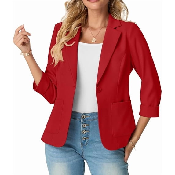 JWD Women's Slim Fit 3/4 Sleeve Notched Lapel Blazer - One Button Business Office Jacket with Pockets Red 8