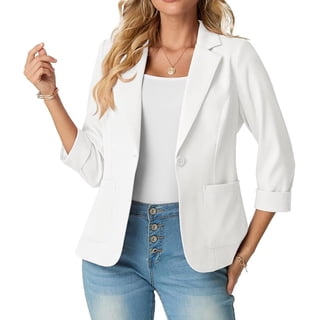 JWD Women's Slim Fit 3/4 Sleeve Notched Lapel Blazer - One Button Business Office Jacket with Pockets White 12