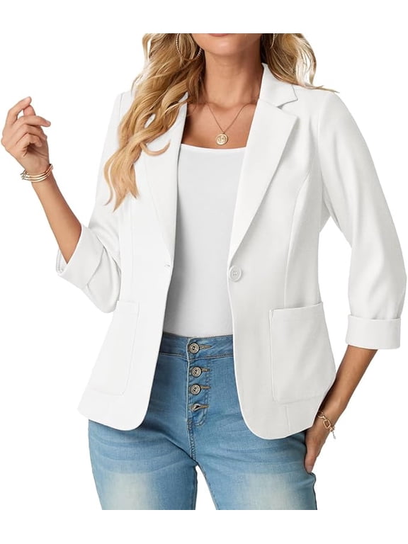 Women's Slim Fit 3/4 Sleeve Notched Lapel Blazer - One Button Business Office Jacket with Pockets White 12