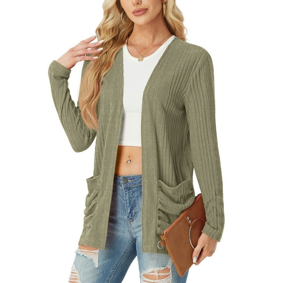 JWD Women's Soft Open Fleece Sweater Lightweight And Comfortable With Pocket Double Door Top Army Green S