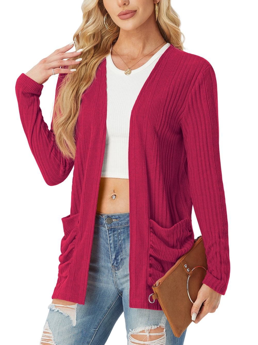 Women's Soft Open Fleece Sweater Lightweight And Comfortable With Pocket Double Door Top Wine Red L