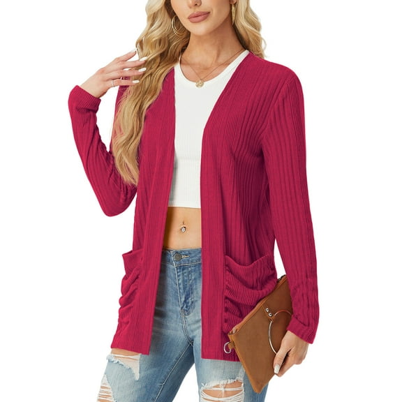 JWD Women's Soft Open Fleece Sweater Lightweight And Comfortable With Pocket Double Door Top Wine Red L