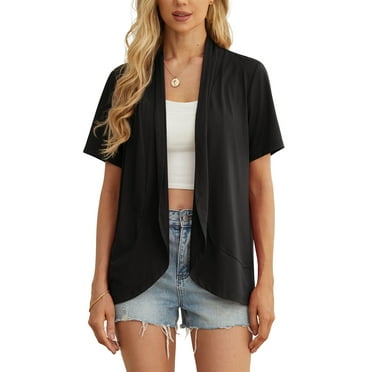 JWD Women’s Summer Cardigans Lightweight Open Front Draped Ruffles Hem Short sleeved thin cardigan with curved edges, elegant, casual, lightweight cardigan Black-L