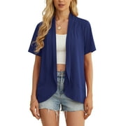 JWD Women’s Summer Cardigans Lightweight Open Front Draped Ruffles Hem Short sleeved thin cardigan with curved edges, elegant, casual, lightweight cardigan Navy Blue-S