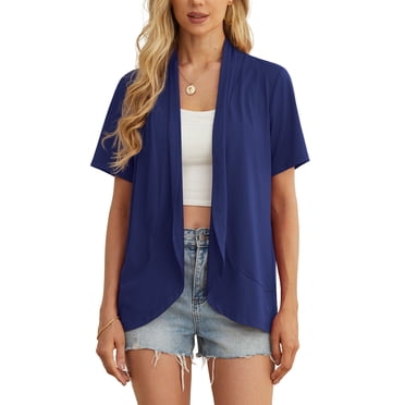 JWD Women’s Summer Cardigans Lightweight Open Front Draped Ruffles Hem Short sleeved thin cardigan with curved edges, elegant, casual, lightweight cardigan Navy Blue-L