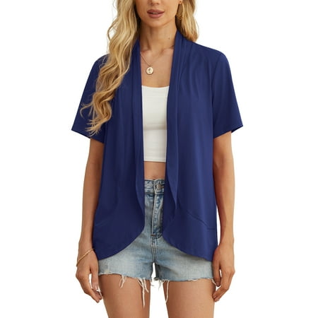 JWD Women’s Summer Cardigans Lightweight Open Front Draped Ruffles Hem Short sleeved thin cardigan with curved edges, elegant, casual, lightweight cardigan Navy Blue-XL