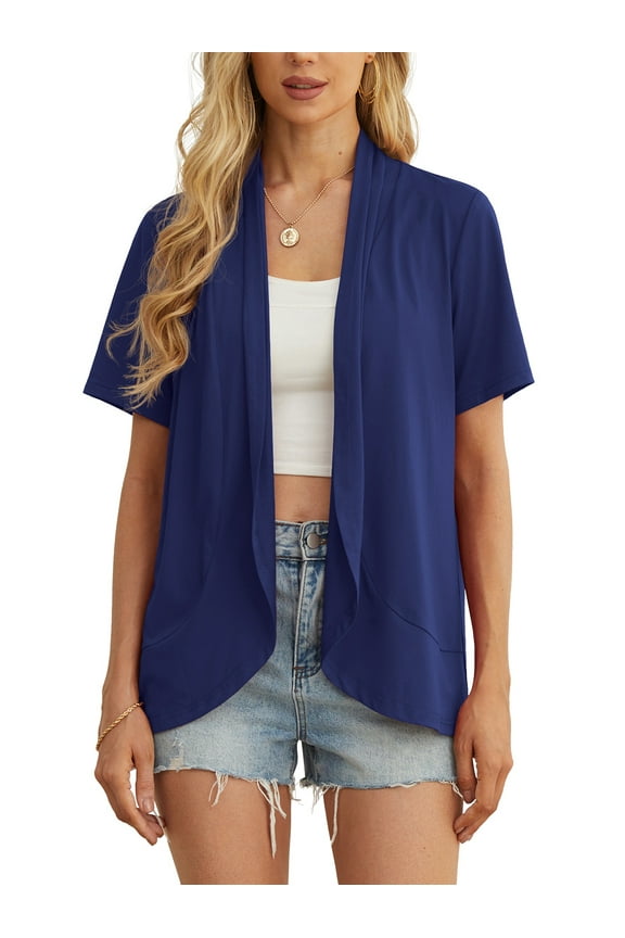 Women’s Summer Cardigans Lightweight Open Front Draped Ruffles Hem Short sleeved thin cardigan with curved edges, elegant, casual, lightweight cardigan Navy Blue-L
