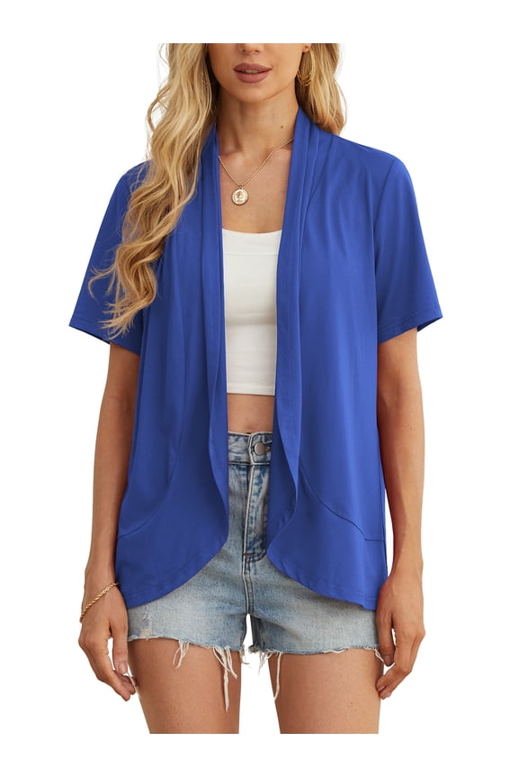 Women’s Summer Cardigans Lightweight Open Front Draped Ruffles Hem Short sleeved thin cardigan with curved edges, elegant, casual, lightweight cardigan Royal Blue-L