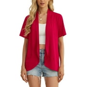 JWD Women’s Summer Cardigans Lightweight Open Front Draped Ruffles Hem Short sleeved thin cardigan with curved edges, elegant, casual, lightweight cardigan Red-M