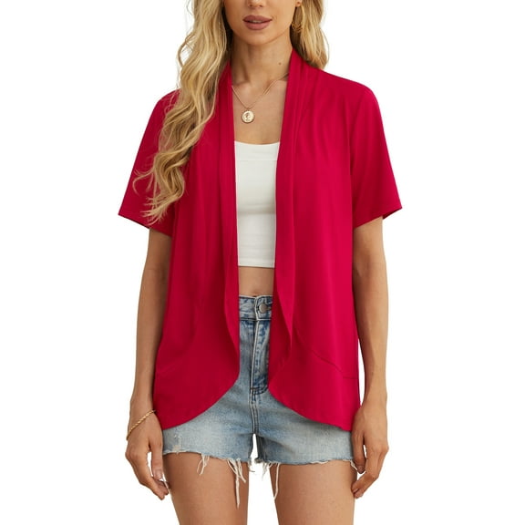 JWD Women’s Summer Cardigans Lightweight Open Front Draped Ruffles Hem Short sleeved thin cardigan with curved edges, elegant, casual, lightweight cardigan Red-L