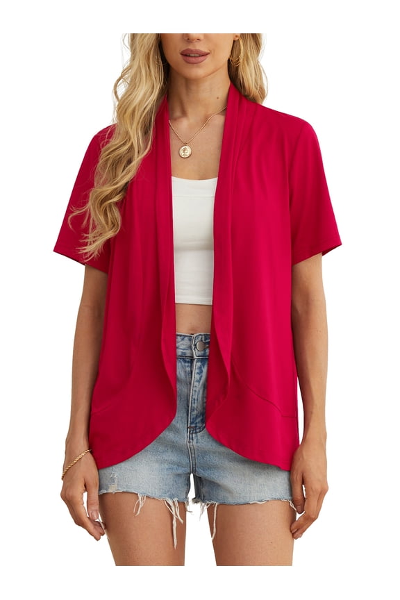 Women’s Summer Cardigans Lightweight Open Front Draped Ruffles Hem Short sleeved thin cardigan with curved edges, elegant, casual, lightweight cardigan Red-L