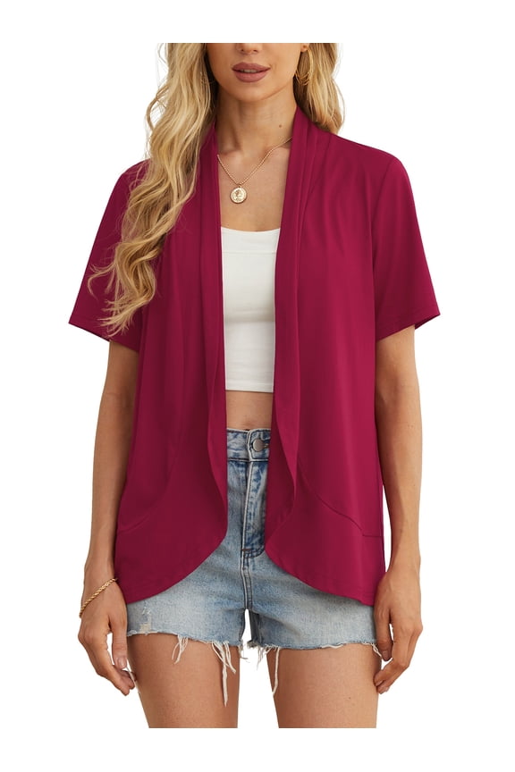 Women’s Summer Cardigans Lightweight Open Front Draped Ruffles Hem Short sleeved thin cardigan with curved edges, elegant, casual, lightweight cardigan Wine Red-M