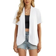 JWD Women’s Summer Cardigans Lightweight Open Front Draped Ruffles Hem Short sleeved thin cardigan with curved edges, elegant, casual, lightweight cardigan White-XL