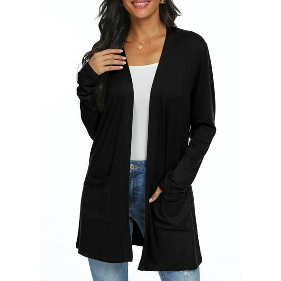 JWD Women's Cardigan Casual Lightweight with Pocketes Long Sleeve Open Front Cardigan Black 2XL