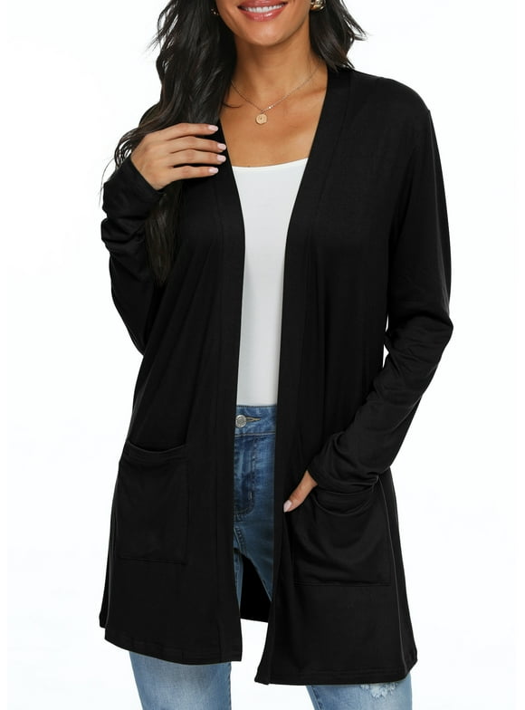 Women's Cardigan Casual Lightweight with Pocketes Long Sleeve Open Front Cardigan Black L