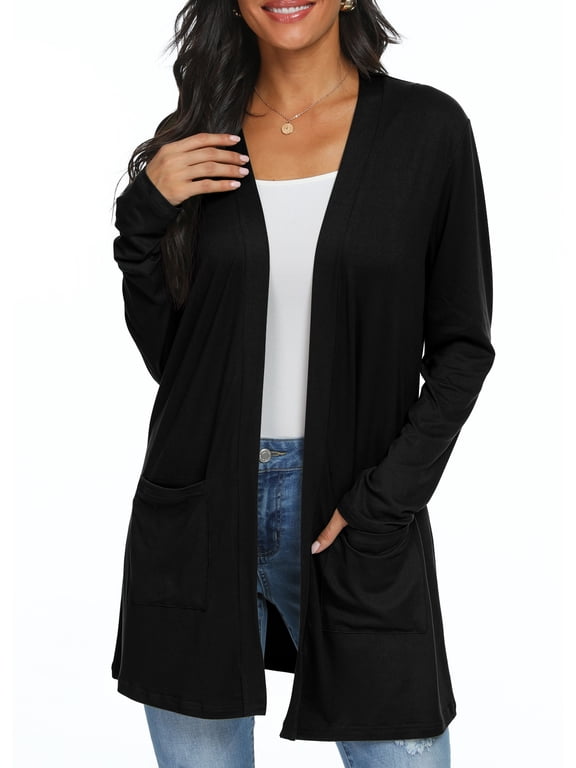 Women's Cardigan Casual Lightweight with Pocketes Long Sleeve Open Front Cardigan Black M