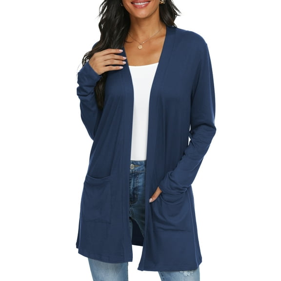 JWD Women's Cardigan Casual Lightweight with Pocketes Long Sleeve Open Front Cardigan Navy Blue S