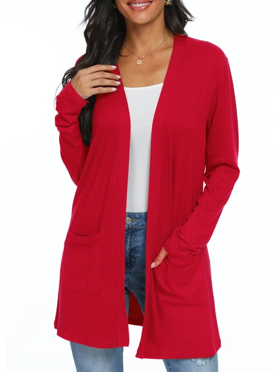 Women's Cardigan Casual Lightweight with Pocketes Long Sleeve Open Front Cardigan Red S
