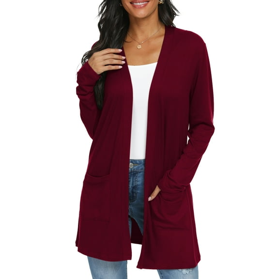 JWD Women's Cardigan Casual Lightweight with Pocketes Long Sleeve Open Front Cardigan Wine Red L