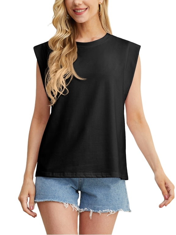 Women's Cotton Breathable Tank Top Cap Sleeve Casual Crew Neck Solid Color Black L