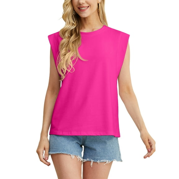 JWD Women's Top Cap Sleeve Summer Blouses Casual Crew NecK Solid Color Women's Tanks Pink L