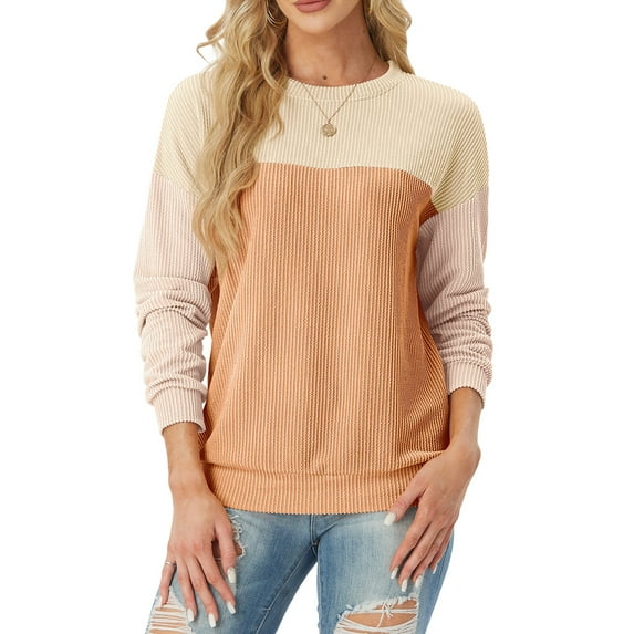JWD Women's Top Fashionable Color Blocked Long Sleeved Round Neck Knitted Casual Loose Pullover Shirt Warm Shirt Top PJ-Apricot Yellow M
