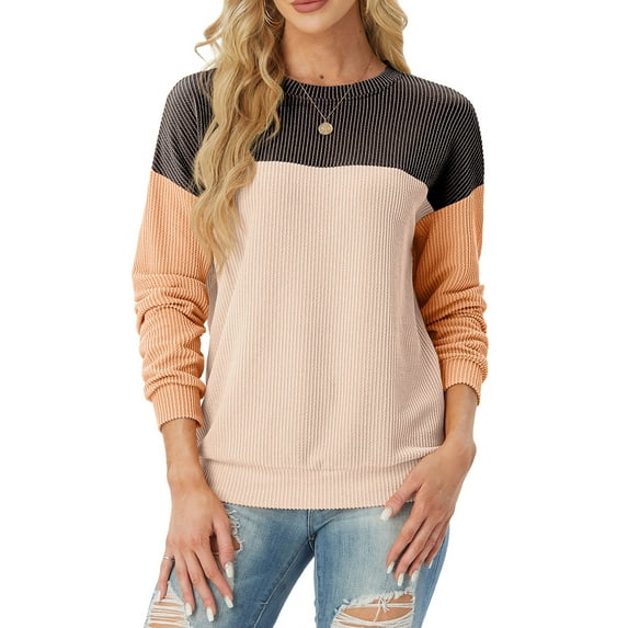 JWD Women's Top Fashionable Color Blocked Long Sleeved Round Neck Knitted Casual Loose Pullover Shirt Warm Shirt Top PJ-Black Shrimp Apricot M