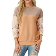 JWD Women's Top Fashionable Color Blocked Long Sleeved Round Neck Knitted Casual Loose Pullover Shirt Warm Shirt Top PJ-Camel Apricot Yellow L