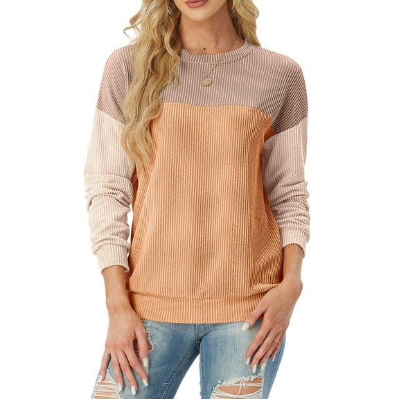 JWD Women's Top Fashionable Color Blocked Long Sleeved Round Neck Knitted Casual Loose Pullover Shirt Warm Shirt Top PJ-Camel Apricot Yellow L