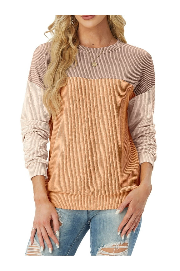 Women's Top Fashionable Color Blocked Long Sleeved Round Neck Knitted Casual Loose Pullover Shirt Warm Shirt Top PJ-Camel Apricot Yellow M