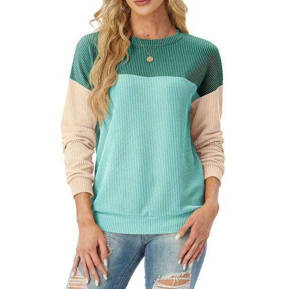 JWD Women's Top Fashionable Color Blocked Long Sleeved Round Neck Knitted Casual Loose Pullover Shirt Warm Shirt Top PJ-Peacock Green S