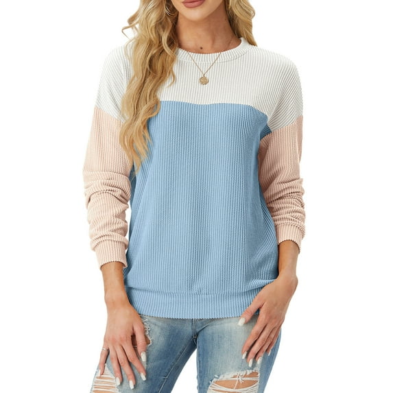 JWD Women's Top Fashionable Color Blocked Long Sleeved Round Neck Knitted Casual Loose Pullover Shirt Warm Shirt Top PJ-White Sky Blue S