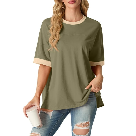 JWD Women's Top Short Sleeved T-Shirt Round Neck Casual Blouses Patchwork Split Hem Tee Top Army Green L