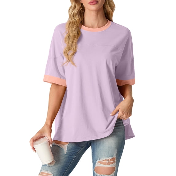 JWD Women's Top Short Sleeved T-Shirt Round Neck Casual Blouses Patchwork Split Hem Tee Top Light Purple M