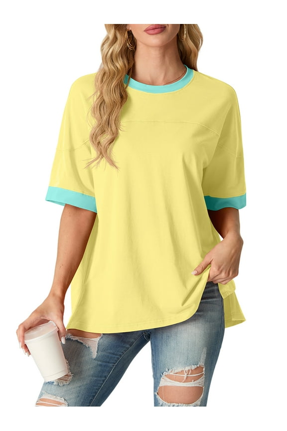 Women's Top Short Sleeved T-Shirt Round Neck Casual Blouses Patchwork Split Hem Tee Top Light Yellow XL