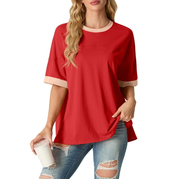 JWD Women's Top Short Sleeved T-Shirt Round Neck Casual Blouses Patchwork Split Hem Tee Top Orange red L