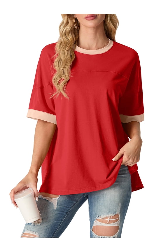 Women's Top Short Sleeved T-Shirt Round Neck Casual Blouses Patchwork Split Hem Tee Top Orange red M