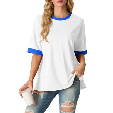JWD Women's Top Short Sleeved T-Shirt Round Neck Casual Blouses Patchwork Split Hem Tee Top White L
