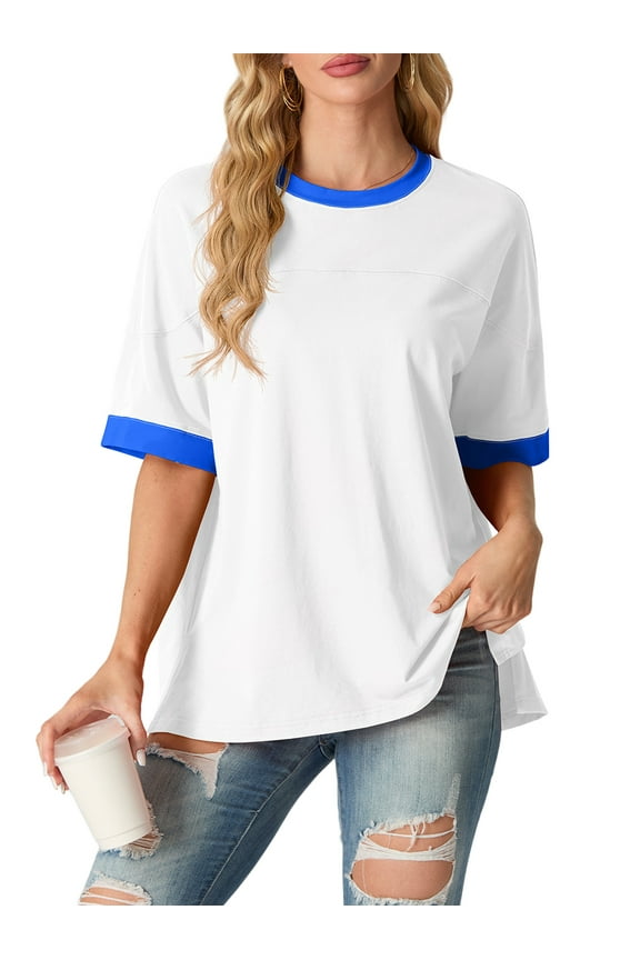 Women's Top Short Sleeved T-Shirt Round Neck Casual Blouses Patchwork Split Hem Tee Top White M