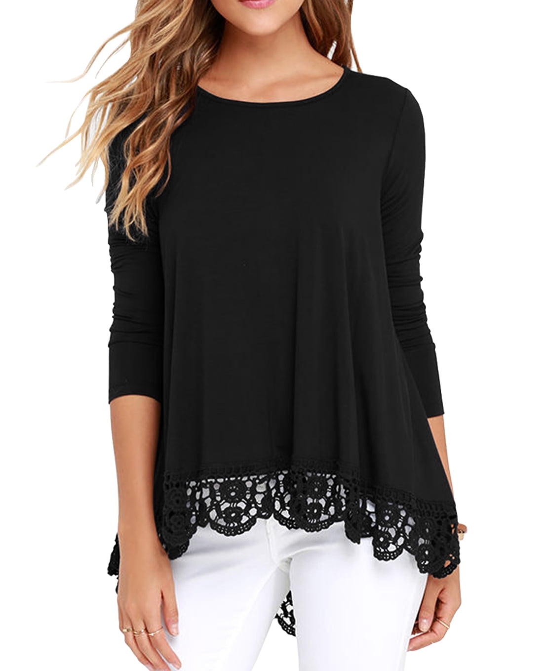 RAGEMALL Women's Long Sleeve Lace Trim Tunic Blouse - Loose A-Line Top For Casual Wear