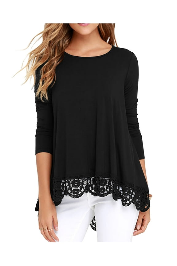 Women's Tops Long Sleeve Lace Trim O-Neck A Line Tunic Blouse Black-Small
