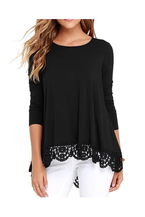 Women's Tops Long Sleeve Lace Trim O-Neck A Line Tunic Blouse Black-X-Large