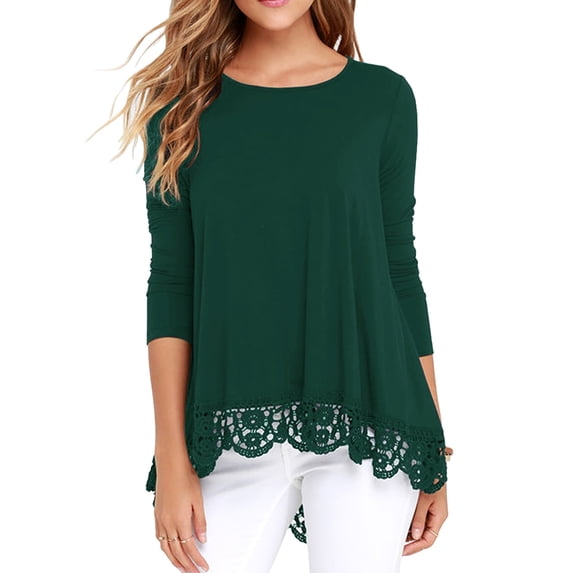 JWD Women's Tops Long Sleeve Lace Trim O-Neck A Line Tunic Blouse Dark Green-Large