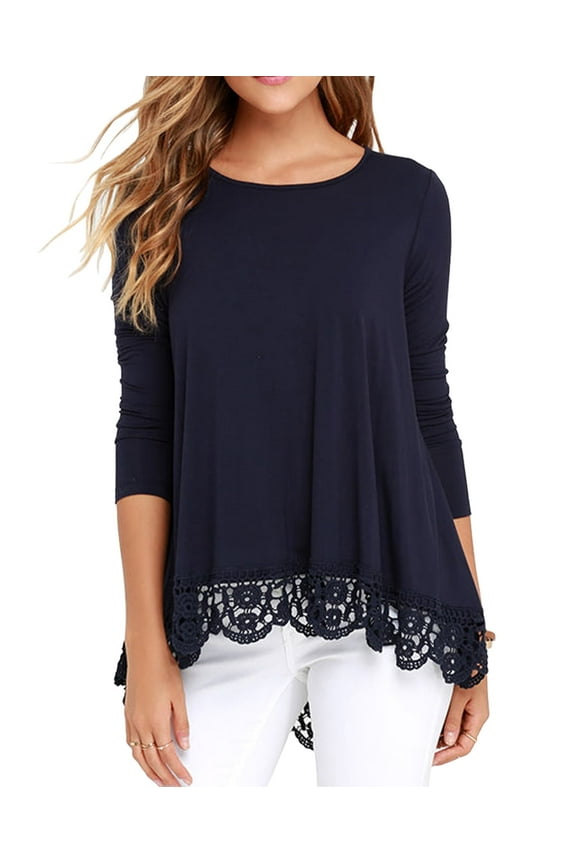 Women's Tops Long Sleeve Lace Trim O-Neck A Line Tunic Blouse Navy Blue-Small